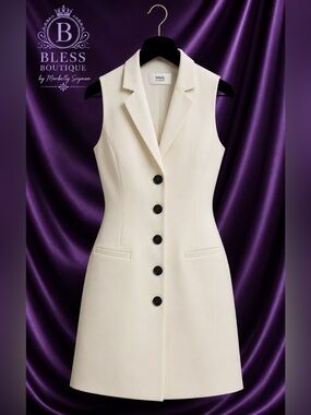 MNG by Mango Ivory Sleeveless Blazer Dress Black Buttons Size 4